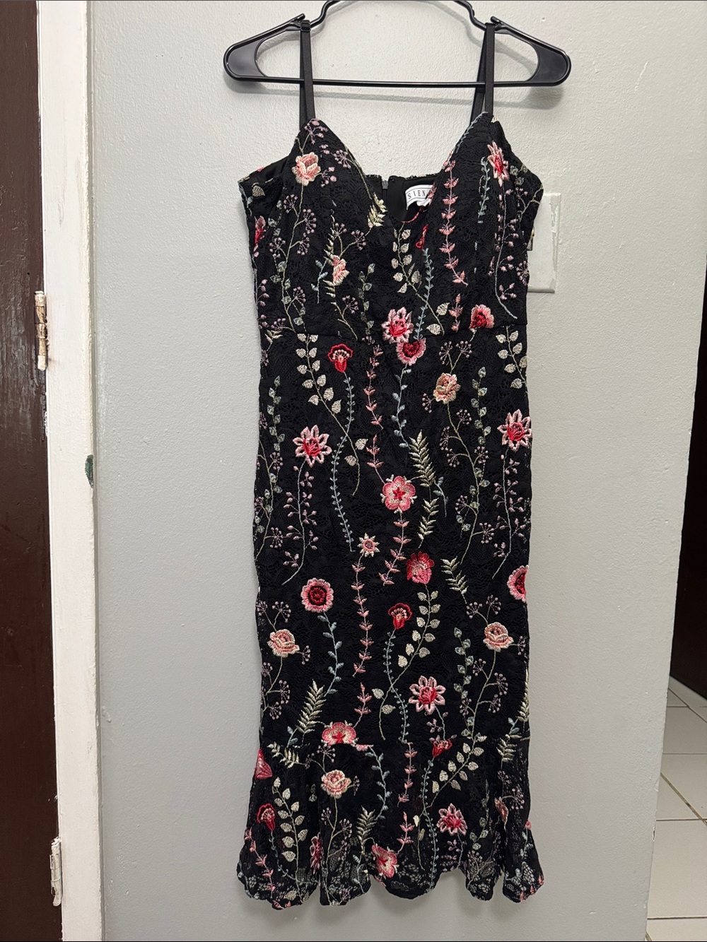 Black Floral Embroidered Midi Dress with Pink Accents
